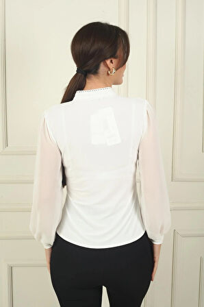 Kadın Önü Düğmeli Kolları Tül Hakim Yaka Gömlek