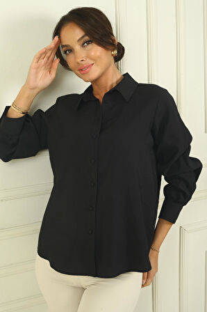 Kadın Önü Düğmeli Kolları Büzgülü Uzun Kol Gömlek