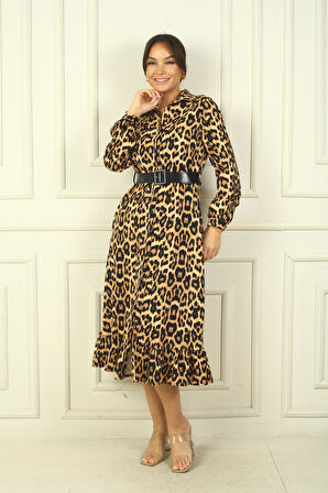 Kadın Gömlek Yaka Uzun Kol Önü Düğmeli Leopar Desenli Kemerli Elbise