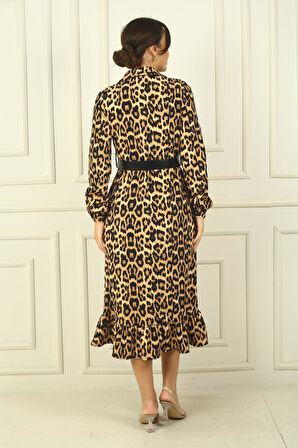 Kadın Gömlek Yaka Uzun Kol Önü Düğmeli Leopar Desenli Kemerli Elbise
