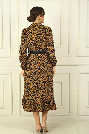 Kadın Gömlek Yaka Uzun Kol Önü Düğmeli Leopar Desenli Kemerli Elbise