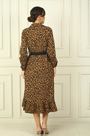 Kadın Gömlek Yaka Uzun Kol Önü Düğmeli Leopar Desenli Kemerli Elbise