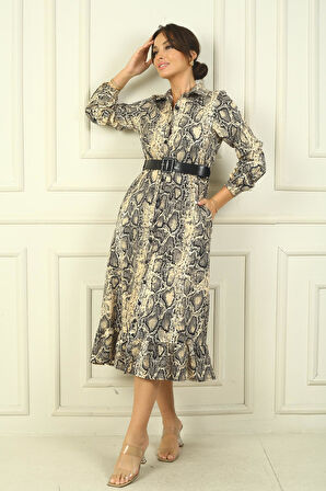 Kadın Gömlek Yaka Uzun Kol Önü Düğmeli Yılan Desenli Kemerli Elbise