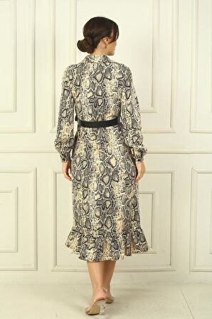 Kadın Gömlek Yaka Uzun Kol Önü Düğmeli Yılan Desenli Kemerli Elbise