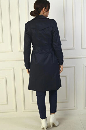 Kadın Önü Düğmeli Beli Kuşaklı Cepli Pardesü