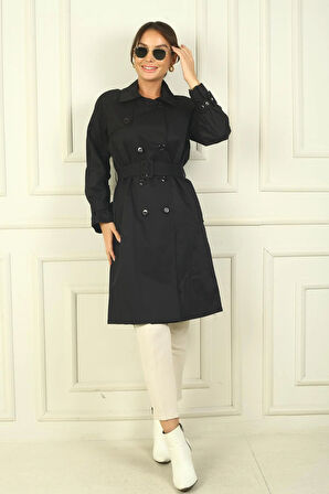 Kadın Beli Ve Kolları Kemerli Önü Düğmeli Cepli Pardesü