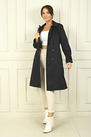 Kadın Beli Ve Kolları Kemerli Önü Düğmeli Cepli Pardesü