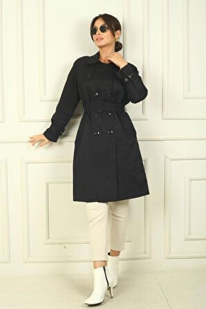 Kadın Beli Ve Kolları Kemerli Önü Düğmeli Cepli Pardesü