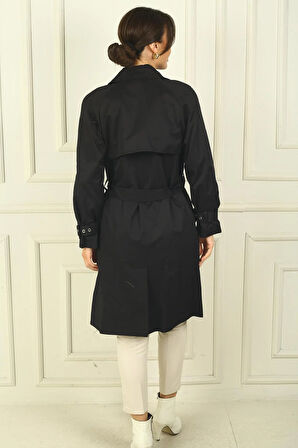 Kadın Beli Ve Kolları Kemerli Önü Düğmeli Cepli Pardesü