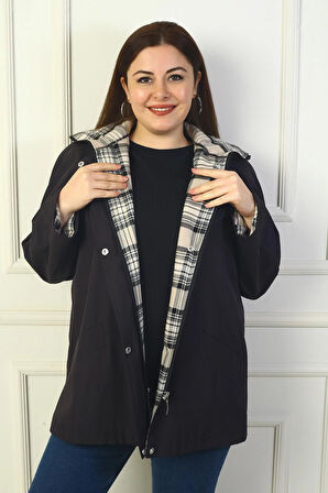 Kadın Önü Çıtçıtlı Fermuarlı Kapşonlu Büyük Beden Trençkot Kaban