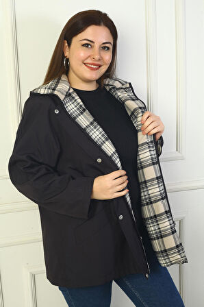 Kadın Önü Çıtçıtlı Fermuarlı Kapşonlu Büyük Beden Trençkot Kaban