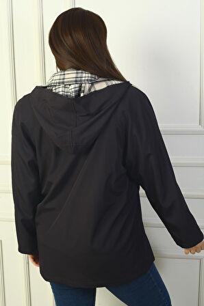 Kadın Önü Çıtçıtlı Fermuarlı Kapşonlu Büyük Beden Trençkot Kaban