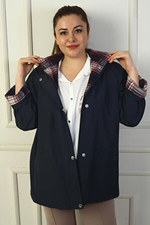 Kadın Önü Çıtçıtlı Fermuarlı Kapşonlu Büyük Beden Trençkot Kaban