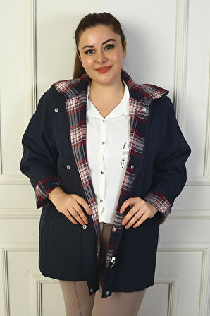 Kadın Önü Çıtçıtlı Fermuarlı Kapşonlu Büyük Beden Trençkot Kaban