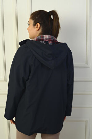 Kadın Önü Çıtçıtlı Fermuarlı Kapşonlu Büyük Beden Trençkot Kaban