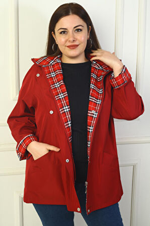 Kadın Önü Çıtçıtlı Fermuarlı Kapşonlu Büyük Beden Trençkot Kaban