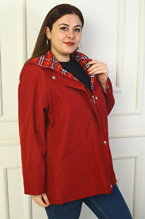 Kadın Önü Çıtçıtlı Fermuarlı Kapşonlu Büyük Beden Trençkot Kaban