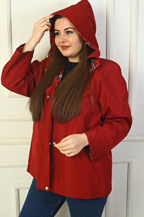 Kadın Önü Çıtçıtlı Fermuarlı Kapşonlu Büyük Beden Trençkot Kaban