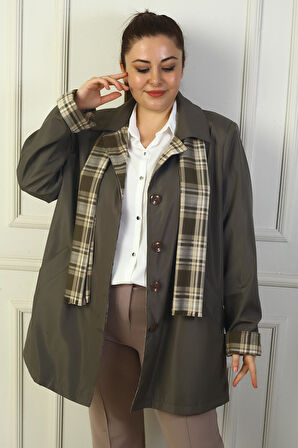 Kadın Önü Gizli Düğmeli Cepli Kruvaze Yaka Trençkot Kaban