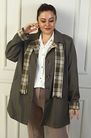 Kadın Önü Gizli Düğmeli Cepli Kruvaze Yaka Trençkot Kaban