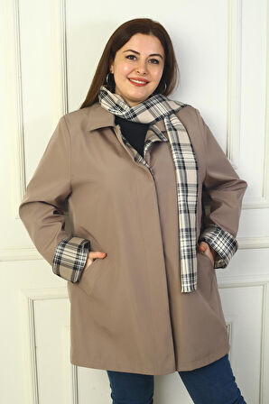 Kadın Önü Gizli Düğmeli Cepli Kruvaze Yaka Trençkot Kaban