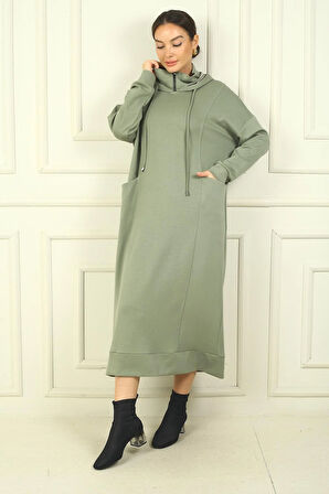 Kadın Yaka Fermuarlı Kapüşonlu Torba Cepli Rahat Kalıp Oysho Uzun  Elbise