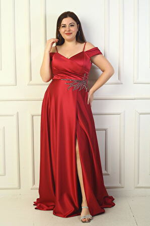 Kadın Ön Arka V Yaka İp Askılı Düşük Kol Taş İşlemeli Astarlı Büyük Beden Uzun Saten Abiye Elbise