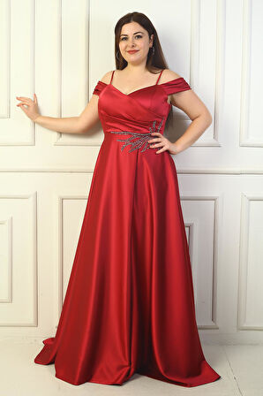 Kadın Ön Arka V Yaka İp Askılı Düşük Kol Taş İşlemeli Astarlı Büyük Beden Uzun Saten Abiye Elbise