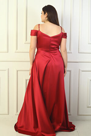 Kadın Ön Arka V Yaka İp Askılı Düşük Kol Taş İşlemeli Astarlı Büyük Beden Uzun Saten Abiye Elbise