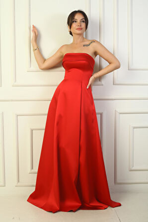 Kadın Straplez Astarlı Cepli Uzun Saten Abiye Elbise