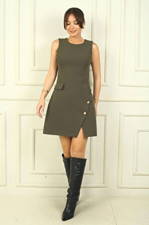 Kadın Yuvarlak Yaka Kolsuz Önü Düğme Detaylı Elbise