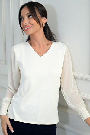 Kadın Merdiven V Yaka Kolları Şifon Kazak