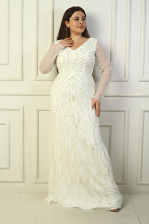 Ön Arka V Yaka Kolları Tüllü Astarlı TAşlı Uzun Büyük Beden Elbise