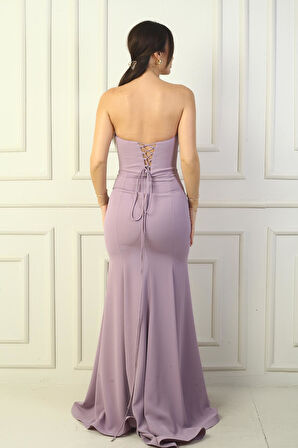 Kadın Straplez Arkası Bağcıklı Astarlı Balenli Uzun Balık Abiye Elbise