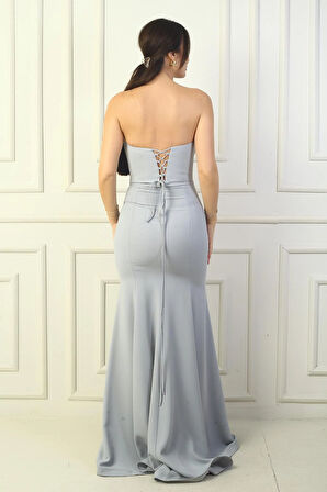 Kadın Straplez Arkası Bağcıklı Astarlı Balenli Uzun Balık Abiye Elbise