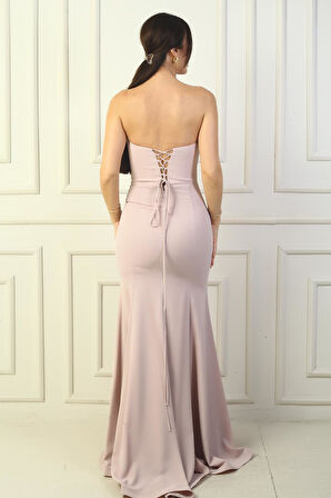 Kadın Straplez Arkası Bağcıklı Astarlı Balenli Uzun Balık Abiye Elbise