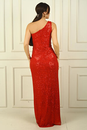 Kadın Tek Kalın Askılı Astarlı Pulpayet Drapeli Uzun Abiye Elbise