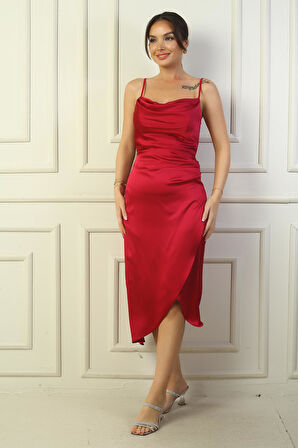 Kadın İp Askılı Drapeli Astarlı Asimetrik Midi Elbise