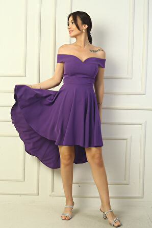 Kadın Madonna Yaka Ön Kısa Arka Uzun Astarlı Kloş Krep Kısa Elbise