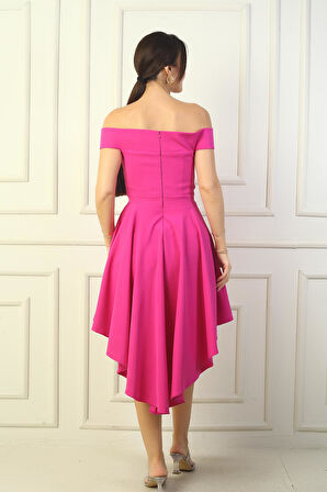 Kadın Madonna Yaka Ön Kısa Arka Uzun Astarlı Kloş Krep Kısa Elbise