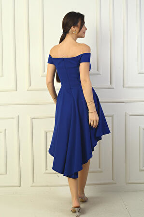 Kadın Madonna Yaka Ön Kısa Arka Uzun Astarlı Kloş Krep Kısa Elbise