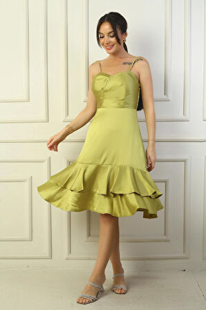 Kadın İp Askılı Önü Drapeli Astarlı Eteği Çift Kat Volanlı Saten Elbise