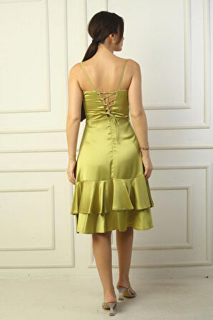 Kadın İp Askılı Önü Drapeli Astarlı Eteği Çift Kat Volanlı Saten Elbise