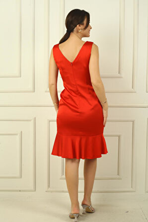 Kadın Kruvaze Yaka Astarlı Önü Drapeli Önü Volanlı Saten Kısa Elbise