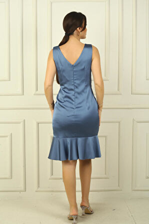 Kadın Kruvaze Yaka Astarlı Önü Drapeli Önü Volanlı Saten Kısa Elbise