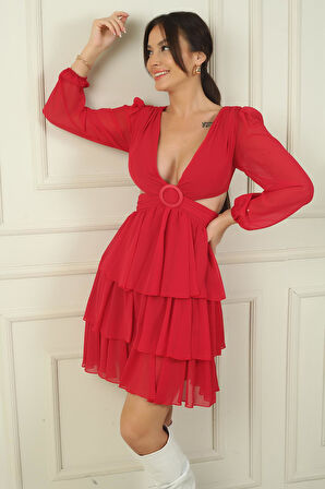 Kadın Ön Arka V Yaka Bel Dekolteli Astarlı Katlı Şifon Kısa Elbise