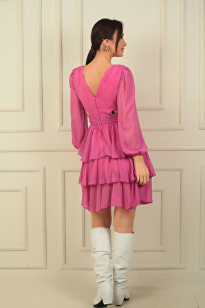 Kadın Ön Arka V Yaka Bel Dekolteli Astarlı Katlı Şifon Kısa Elbise