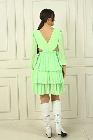 Kadın Ön Arka V Yaka Bel Dekolteli Astarlı Katlı Şifon Kısa Elbise