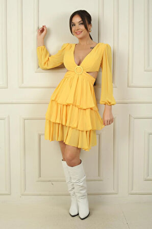 Kadın Ön Arka V Yaka Bel Dekolteli Astarlı Katlı Şifon Kısa Elbise