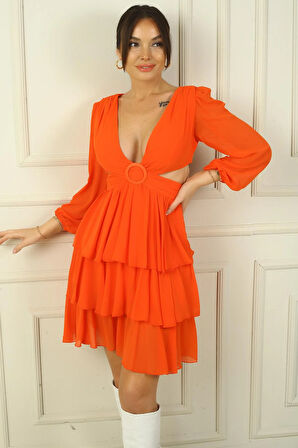 Kadın Ön Arka V Yaka Bel Dekolteli Astarlı Katlı Şifon Kısa Elbise